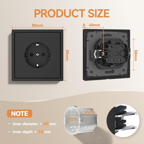BSEED Socket with Claws, Matt Wall Socket, Flush-Mounted, EU Standard Built-in Socket, Easy Assembly, C Series, 1 Compartment, 80 mm, Black 1-gang
