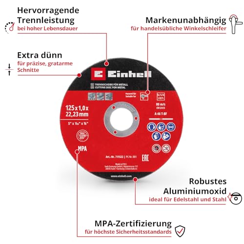 Einhell 5-Piece Thin Cutting Discs for Metal, Diameter 125 x 1 mm | Low-burr cuts, long service life, MPA certified, straight design, for angle grinders 125 x 1.0 mm 5 pieces.