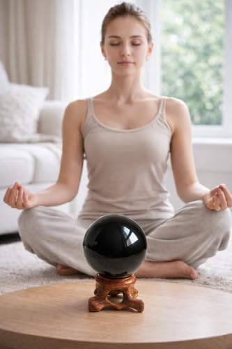 Mina Heal Natural Black Obsidian Crystal Ball with Stand, 80mm/3.1" 80 mm