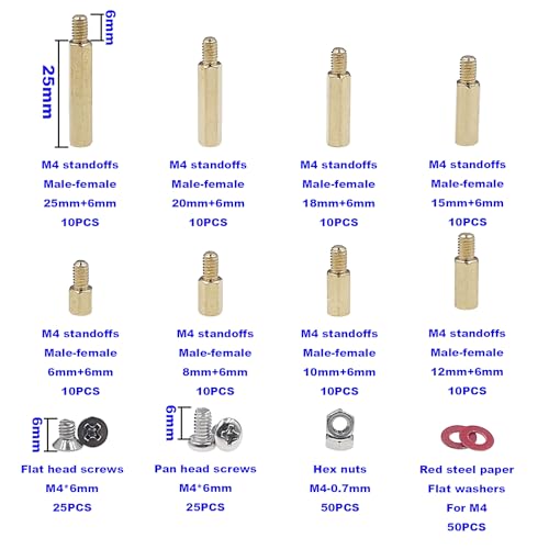 HVAZI 230-piece M4 brass male-female hex standoffs, screws, nuts and washers kit assortment