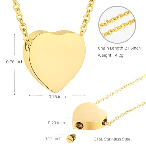 Heart Cremation Urn Necklace for Ashes for Women Men Cremation Locket Jewelry with Keepsake Urn Memorial Ash Jewelry Gold