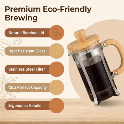 Sivaphe 12 oz French Press Coffee/Tea Maker Single Cup Espresso Press Stainless Steel Filter 0.35L High Borosilicate Carafe Durable Bamboo Handle Small Coffee Maker 12 oz Bamboo