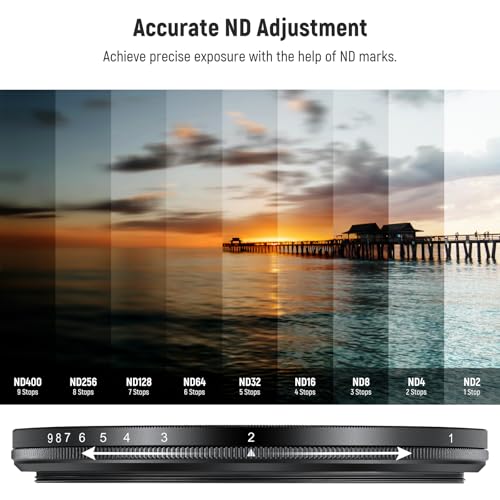 NEEWER 62mm ND2-400 (1-9 Stops) Variable ND Filter with Lens Cap, Lanyard, Cleaning Cloth, Precise Neutral Density Adjustment, Fingerprint & Scratch Resistant Multicoated Optical Glass ND2-ND400