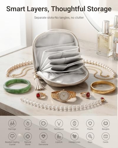 Small Travel Jewelry Case - Soft Vegan Leather Jewelry Organizer Storage Bag for Necklaces, Bracelets, Rings - Compact Jewelry Porch Travel Essentials for Women, Cream White 2 Pack