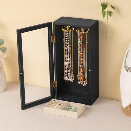 Black wooden jewelry box with rotating hooks, necklace holder organizer by SINGBLA for storing necklaces and jewelry.