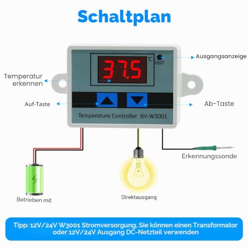 Digital LCD Display Temperature Controller XH-W3001, DC 12V 120W Thermostat Switch with Waterproof Probe Microcomputer Thermostat