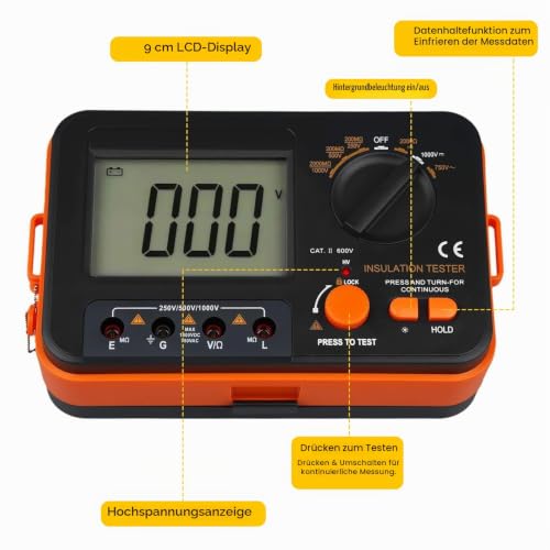 Insulation Meter 1000V, Kethvoz 250V/500V/1000V Megohmmeter | 200MΩ insulation resistors, megger with AC/DC voltage measurement, resistance 2kΩ, continuity test <50Ω, iOS meter