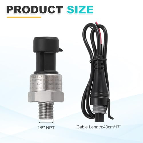 sourcing map Pressure Transducer Sender Sensor with Connector, 1/8" NPT 100 PSI Stainless Steel Pressure Transmitter for Oil Fuel Water Air