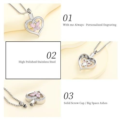 Oinsi Heart Cremation Jewelry Crystal Butterfly Urn Necklace for Ashes Stainless Steel Ash Necklace Memorial Keepsake Lokets for Ashes for Women Pink