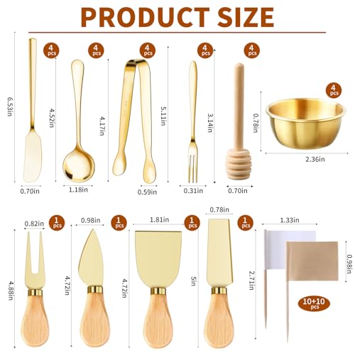 48 Pcs Charcuterie Boards Accessories Butter Spreader Knives Set Stainless Steel Cheese Mini Serving Tongs Spoons Forks Dipping Bowls Toothpick Flags Utensils for Pastry Making Wedding Christmas(Gold) Gold 48Pcs
