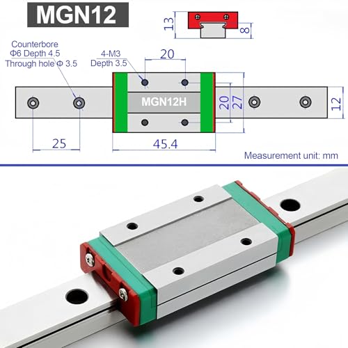 MGN12 Lineal Rail 100mm Miniature Linear Guide Rail + MGN12H Sliding Block - Linear Motion Rail Guide Slider Bearing for CNC and 3D Printers Linear guide rail 100mm + Sliding block