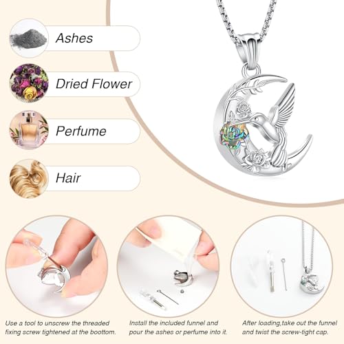 Minicremation Hummingbird Moon Rose Urn Necklace for Ashes for Women Men Memorial Cremation Jewelry Keepsake Pendant for Loved Ones Rainbow
