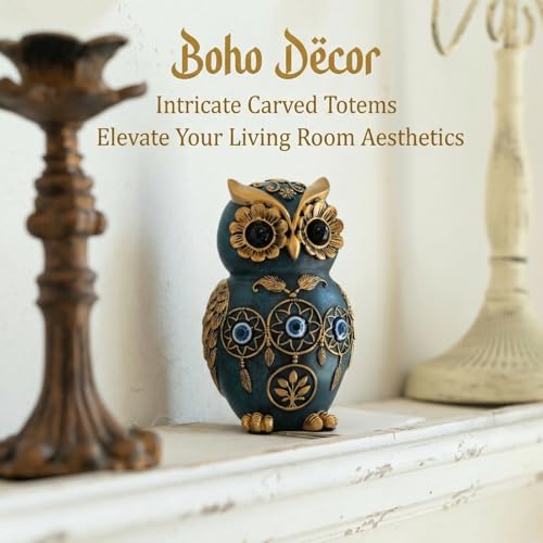 Blue Owl Statue with Evil Eye & Dreamcatcher Decor - 4.8" Resin Owl Figurine for Shelf, Desk & Living Room - Gold Accents Wisdom Bird Sculpture - Unique Boho Spiritual Protection Gift for Women, Mom Blue
