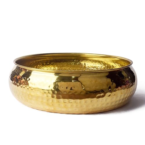 SATVIK Decorative 9.5 Inch Hammered Pattern Brass Urli For Floating Candles Tea Lights Flowers Handcrafted Bowl Indian Festive for Home Office Mandir Living Room Table Top Diwali Décor Gifts Items DESIGN 1