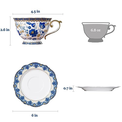 ACMLIFE Bone China Tea Cups and Saucers, 6.8 oz Tea Cup and Saucer Set, with Gold Trim and Gift Box, Blue and White (Blue-D) Blue-D