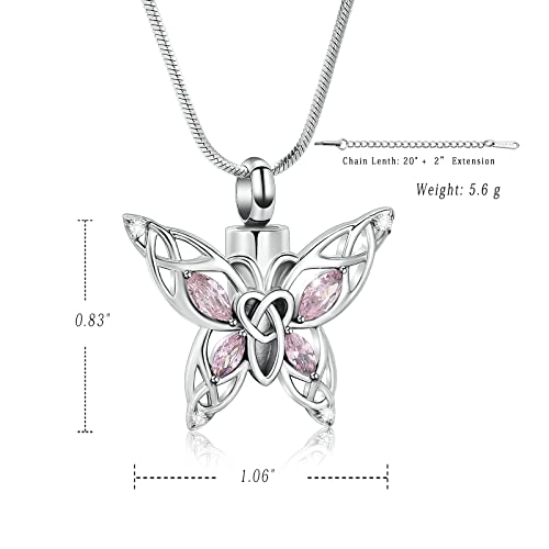 Butterfly Urn Necklace for Ashes Cremation Jewellery for Women Crystal Memorial Pendant Human Pet Ash Holder Keepsake Gift Silver-pink