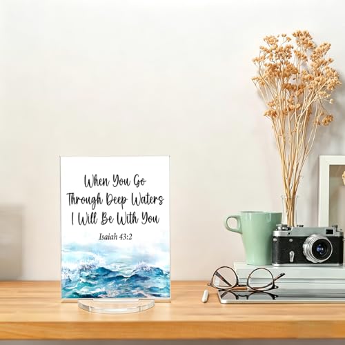 Bible Verse Desk Accessories - Ocean Room Decor - Inspirational When You Go Through Deep Waters I Will Be with You Isaiah 43:2 Religious Acrylic Desk Plaque Home Living Room Beach House Decor