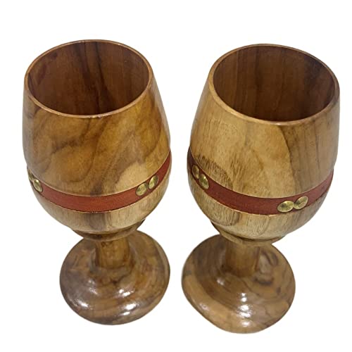 collectiblesBuy Vintage Wooden Wine Goblet Set of 2 with Leather Strap – Handmade Teak Wood Chalices Rustic Drinkware for Wine, Beer, Water & Bar Accessories