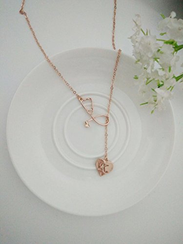 Rose Gold Plated Medicine Stethoscope Heart Initial Alphabet Letter Necklace for Doctor Nurse B