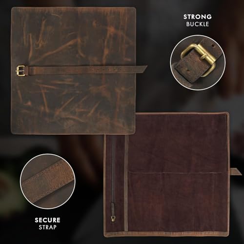 ELIZO Leather Knife Roll Chef Knife Bag Professional Chef Knifes Roll Bag Travel Storage Carrying Case Wrap Holder Sheath Kitchen Carrier Protectors Sleeve Tool Chefs Gift Grizzly