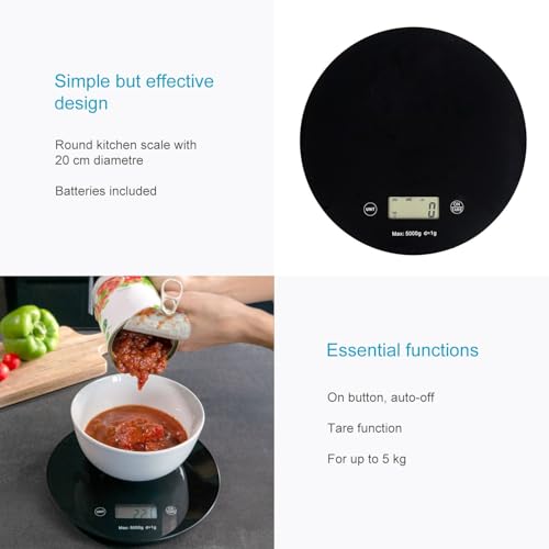 Intirilife Kitchen Scale, Digital Round Food Scale with LCD Display, in Black, made of Glass and ABS Plastic - Max. 5 Kg - 20 x 1.6 cm - Electronic Household Appliance, Batteries Included