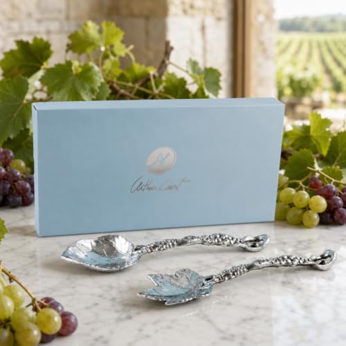 Arthur Court Grapevine salad serving set with 11-inch aluminum fork and spoon, elegant flatware for entertaining.