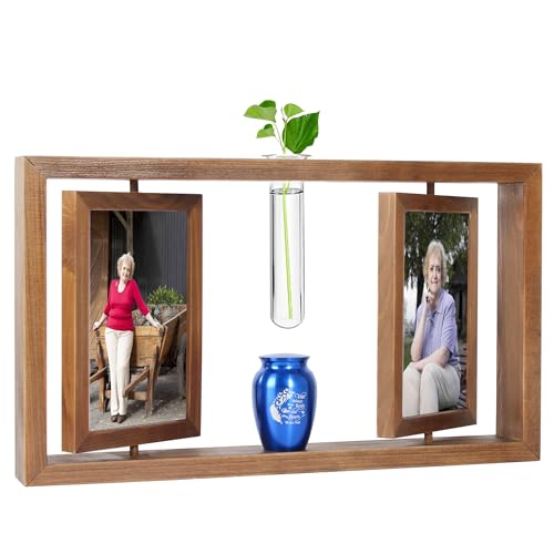 Small Urn for Human Ashes and Memorial Picture Frame Hold Two 4’’ x 6’’ Photo with Hydroponics Glass Vase,Mini Keepsake Urn（Not Included Plant）