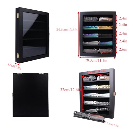 Pocket Knife Display Case,Knife Display case for Wall,Wood Pocket Knife Display Stand,for Pocket Knife and Military Folding Knife Display,Dust and UV Resistant,Lockable,Black