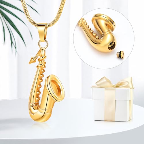 memorial jewelry Music Urn Saxophone Horn Chain Necklace Cremation Ash Keepsake Pendant Gold
