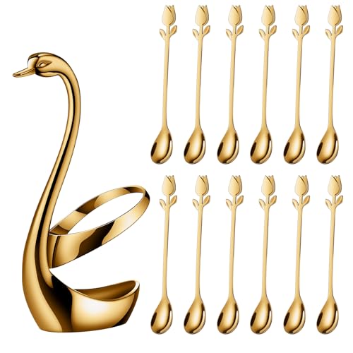 Gold Swan base with 12 coffee and espresso spoons set, featuring 6-inch gold swan design, by SGvrPvz for coffee accessories.