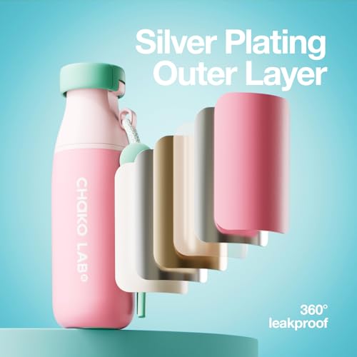 CHAKO LAB Insulated Water Bottle with Two Strap | BPA-Free Leak Proof | 17oz Bottle with Spout Lid & Straw | Peach