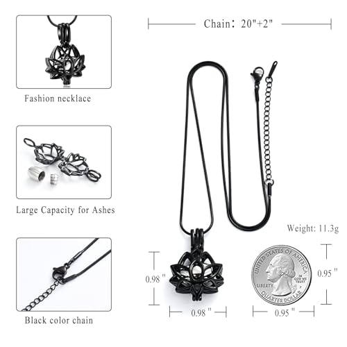 Cremation Jewelry for Ashes Pendant - Lotus Urn Necklace with Mini Keepsake Urn Memorial Ash Jewelry For Women Men Black-Silver