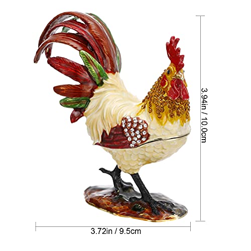 Hand Painted Enamel Rooster Trinket Box for Home Decor, Hinged Enamel Jewelry Organizer Storage, Unique Keepsake Collectible Figurine Personalized Elegant Ornament Gifts (Red Rooster) Red Rooster