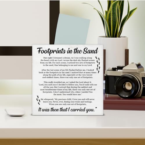 Footprints in the Sand Wood Block Sign Christian Religious Decorative Desk Sign Office Home Shelf Tabletop Decor 5 X 5 Inches