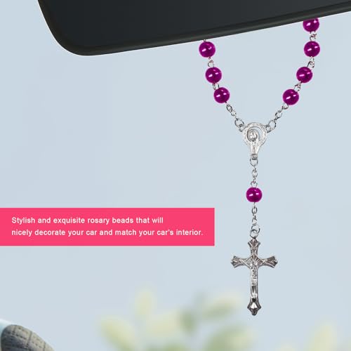 2 PCS Rosary for Rearview Mirror, Religious Cross Bead & Medal Car Rear View Mirror Hanging Ornament, Personalized Rosary Pendant Christian Auto Decoration for Women Men (Purple) Purple