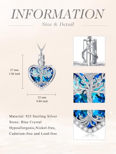 TOUPOP Ashes Jewellery Urn Necklace for Ashes 925 Sterling Silver Tree of Life Ashes Pendant Necklace Keepsake Ashes Memorial Locket with Heart Crystal Cremation Jewellery with Funnel Filler