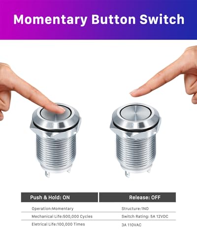 Push Button 6 Pieces, 12 mm Button, Waterproof Push Button Switch | 2A/12V/24V/125V/250V pressure switch, momentary metal button flat head pressure switch for horns, car round 12MM-6PCS