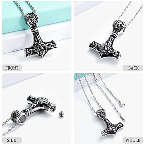 shajwo Mjolnir Thors Hammer Urn Necklace for Ashes for Men Celtic Nordic Viking Cremation Jewelry for Women Keepsake Memorial Ashes Pendant Thor Hammer-Silver