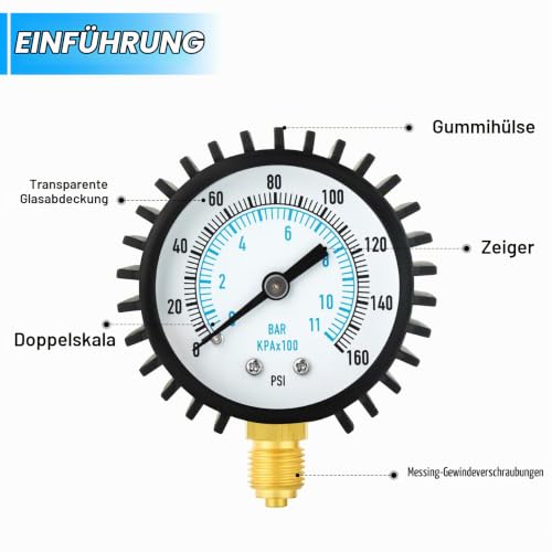 0-11 Bar/0-160 Psi Water Pressure Gauge, 2 Inch Dial Stainless Steel Water Supply Pressure Tester with Hose Connector, Plumbing Tool for Home and Garden Irrigation Systems 0-11 Bar 2"(with Hose) Lower Mount