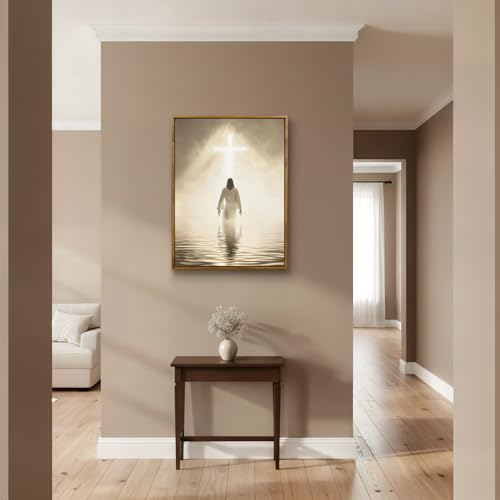 Jesus Walking on Water Canvas Wall Art - Modern Framed Christian Decor, Divine Light Toward Holy Cross, Spiritual Religious Pictures for Prayer Room, Church, Home Office (12x16in) Framed-2 16"L x 12"W