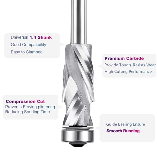 SpeTool UP&Down Compression Spiral Flush Trim Router Bit 1/4 Inch Shank 1/2 Inch Cutting Diameter Extra Long with Bottom Bearing, Solid Carbide Pattern Flush Trim Router Bit for Cutting Uncoated 1/2" Dia-1-1/4" CL-1/4" Shank