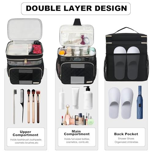 Large Toiletry Bag for Women Men, Portable Shower Caddy College Dorm Essentials, 2 Layers Quickly Dry Mesh Bathroom Tote Bag, Hanging Makeup Organizer Bag for Travel, Gym, Camping (Black) Black Double Layer