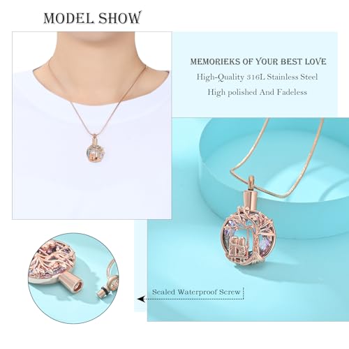 Tree of Life Urn Necklaces for Ashes Sisters Cremation Jewelry RoseGold-Purple