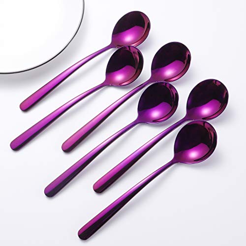 Soup Spoons 6-Pack 18/10 Stainless Steel Large and Heavy Duty Round Spoons Elegance Series 7 Inch Long 1.9 Ounces Weight by IRONX(purple soup spoons)