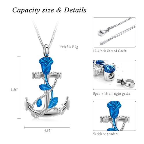 XSMZB Rose Flower Anchor Urn Necklace for Ashes Stainless Steel Cremation Ashes Jewelry for Human Pet Anchor Funeral Memorial Pendant Blue