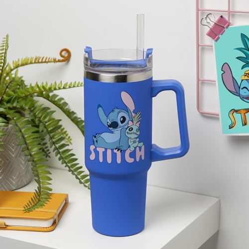 Paladone Disney Stitch 900 ml Blue Insulated Travel Cup and Straw, Officially Licensed Tumbler with Handle for Iced Tea or Coffee, Pop Culture Merchandise for Fans 30.4 Ounces