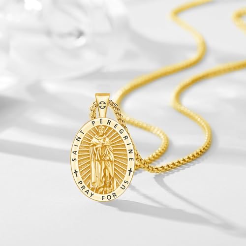 St Peregrine Medal Necklace for Men Women, 925 Sterling Silver St Peregrine Patron Saint Medal Cancer Pendant Amulet Religious Jewelry Gifts Gold St Peregrine-KJ