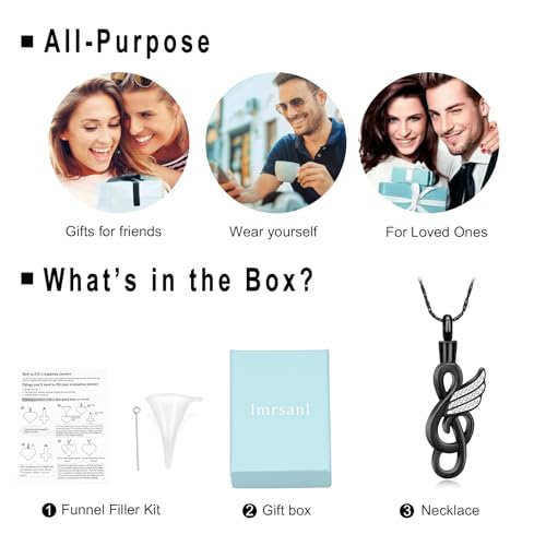 Imrsanl Music Note Urn Necklace for Ashes Musical Symbol with Wing Memorial Pendant Cremation Jewelry for Women Men Ashes Holder Funeral Keepsake Black
