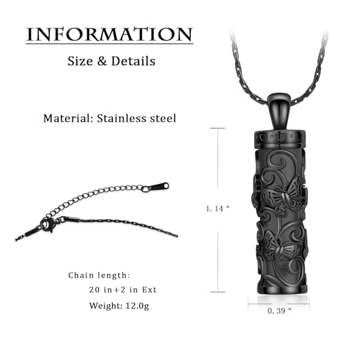 Butterfly Cylinder Urn Necklace Cremation Ashes Jewelry for Women Men Black