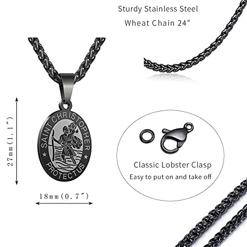 P. BLAKE Oval Saint Christopher/Michael/Joseph/Jude/Virgin Mary/Joseph/Francis/Patrick/Anthony/Benedict/Thomas Necklace for Men Women, Stainless Steel Catholic Patron Pendant with Chain 24 Inches Black St.Christopher